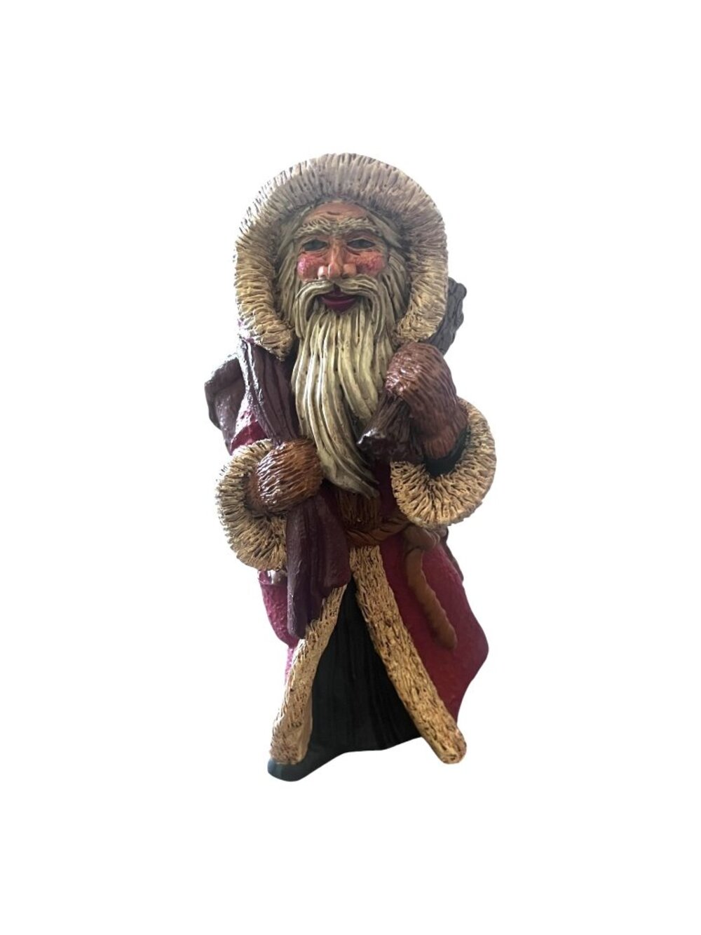 Old World Father Christmas Santa Figurine Gift Bag Burgundy Coat Decor